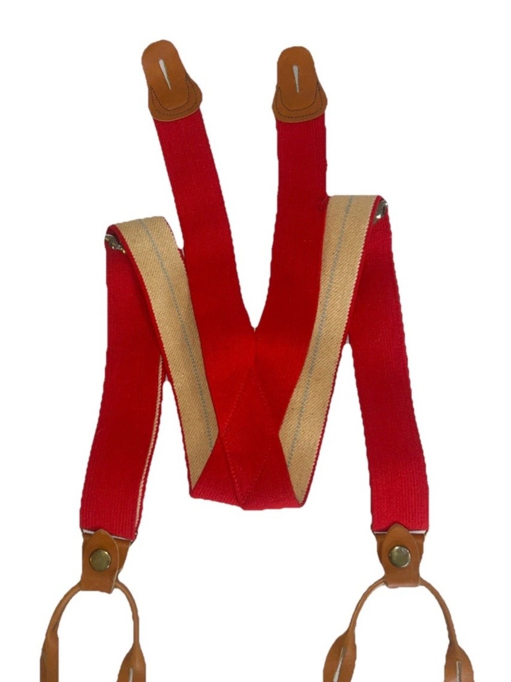 Vintage L.L. Bean Suspenders Red Stretch Leather Fastener Button-on Adjustable